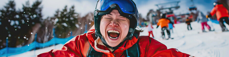 A person with a spinal cord injury laughing while participating in an adaptive skiing program - obrazy, fototapety, plakaty