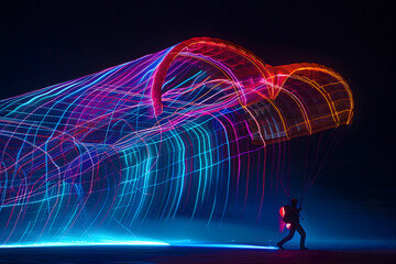 Neon light trail illustration of parachute with skydiver silhouette isolated on black background. - obrazy, fototapety, plakaty