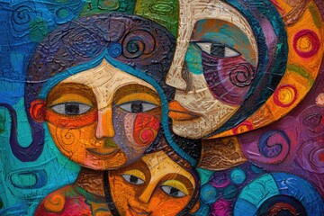 vivid and colorful representation of abstract human faces intertwined with cubist elements. 