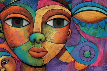 brightly colored mural showcases abstract, cubist-style child's face against a multi-hued background. 