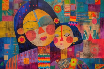 a mother and child in a warm embrace, surrounded by a tapestry of patterns and textures, evoking a sense of familial love and cultural richness. 