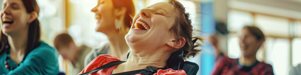 A person with cerebral palsy laughing while participating in a laughter yoga class