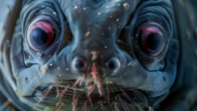 An electron microscope image of a tardigrades head showing its fearsome mouthparts and piercing red eyes magnified to reveal incredible . AI generation.
