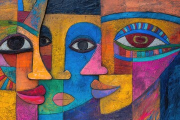 Abstract faces in bold colors on canvas
