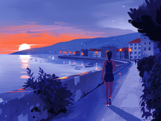 A stylized illustration of a person jogging by the sea during sunset, with buildings and boats in the background.