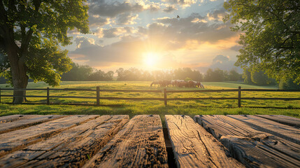 beautiful mockup of wooden desk table top with nature cattles farm background , space for text, cards banners or posters 