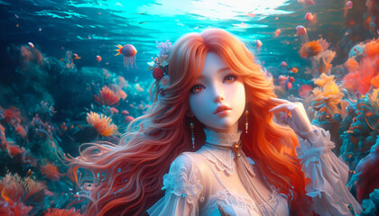 Fantasy character redhead woman mermaid in the sea - obrazy, fototapety, plakaty