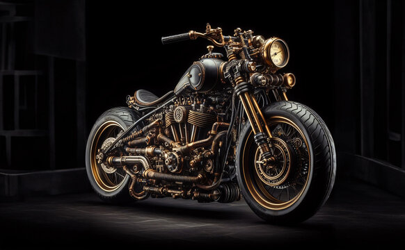 Old steampunk retro vintage motorcycle on dark background