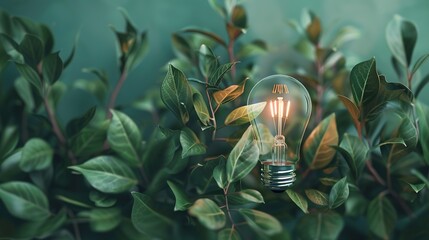 Light bulb with plant leaves Green energy ,Generative ai,  - obrazy, fototapety, plakaty