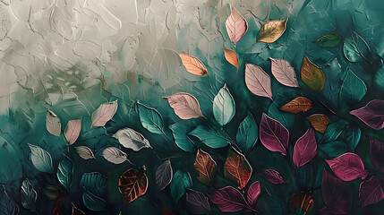 The background is an abstract artistic composition featuring retro, nostalgic brushstrokes. A textured backdrop is used to enhance the appearance. Oil on canvas. Modern Art. floral leaves, green,