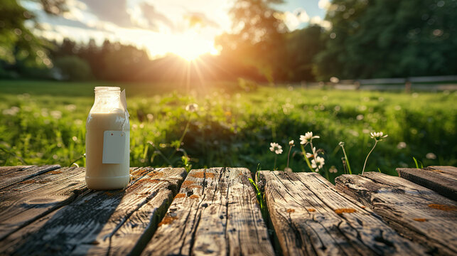 beautiful glass bottle of milk on wooden desk table top with nature background , space for text, cards banners or posters 