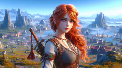 Obraz premium Brave redhead girl in warrior clothes game character illustration
