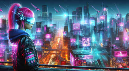 Futuristic girl with pink hair in technology world with neon lights. Game or book fantasy character