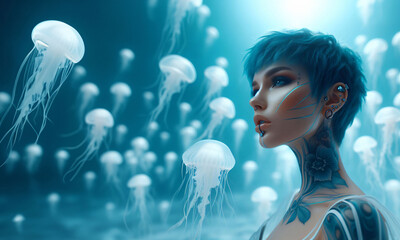 Beautiful woman with blue hair in the jellyfish magic world. Surreal illustration of game or book character concept