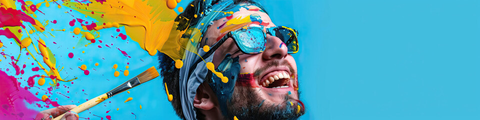 A person with cerebral palsy smiling while painting with a brush attached to a headpiece - obrazy, fototapety, plakaty