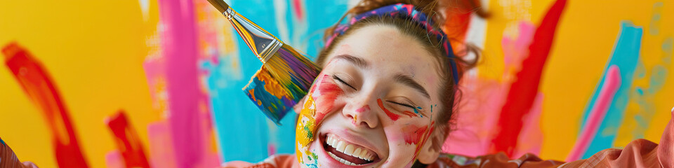 A person with cerebral palsy smiling while painting with a brush attached to a headpiece