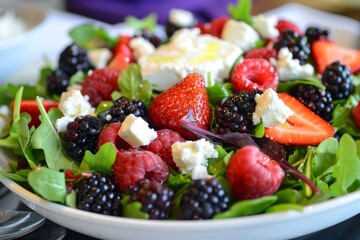 New salad with seasonal berries arugula and goat cheese