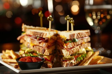 New triple decker club sandwich with side of fries - obrazy, fototapety, plakaty