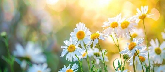 Charming chamomile blossoms in a field. A natural scenery of spring or summer with a daisy in full bloom under sunlight. Blurred background for a gentle effect. - obrazy, fototapety, plakaty