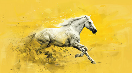 Fototapeta premium 3d white strong running horse portrait on yellow background , painting or art , cards or banners 