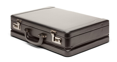 Black Leather Corporate Briefcase Isolated on Transparent Background with Shadow. Transparent PNG.