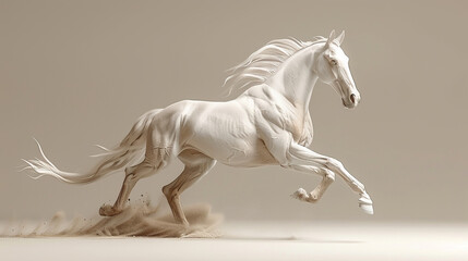 3d white strong running horse portrait  on neutral background , painting or art , cards or banners 