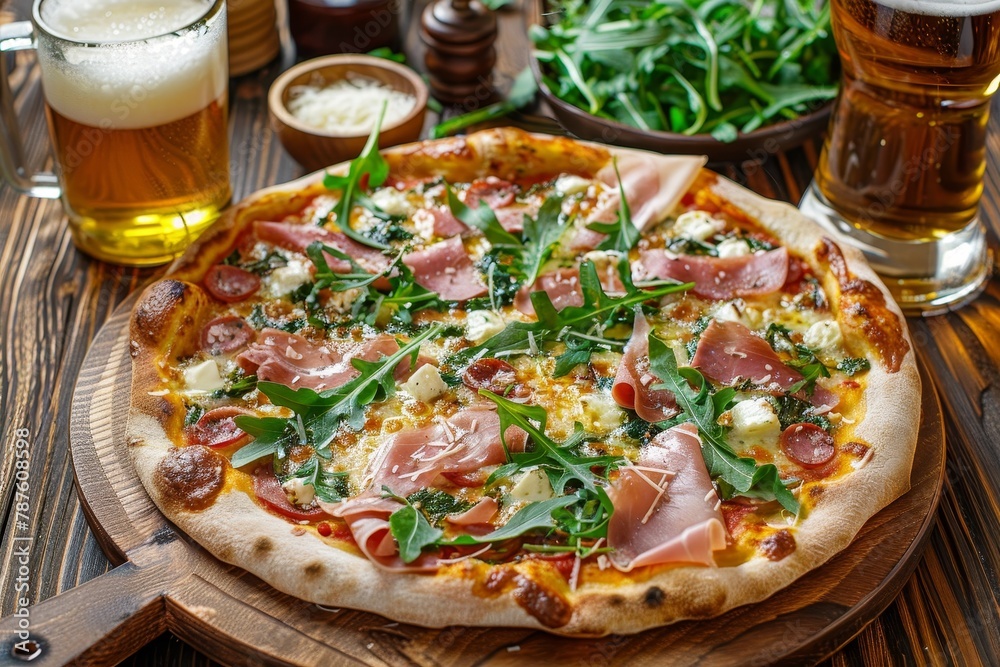 Wall mural Prosciutto and arugula pizza with Parmesan mozzarella and beer - Wall murals