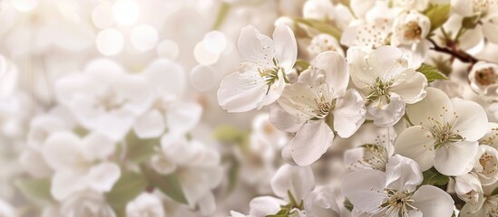 Spring floral border background featuring white blossoms - obrazy, fototapety, plakaty