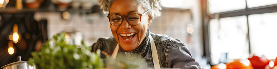 A person with a developmental disability smiling while participating in a cooking class and preparing a meal - obrazy, fototapety, plakaty