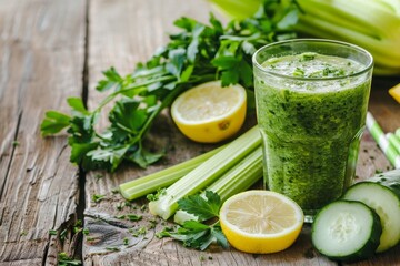 Fototapeta premium Organic green smoothie with spinach cucumber parsley celery lemon on wood background
