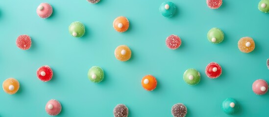 Colorful candies arranged on a soft turquoise background, captured from a top view in a flat lay style.