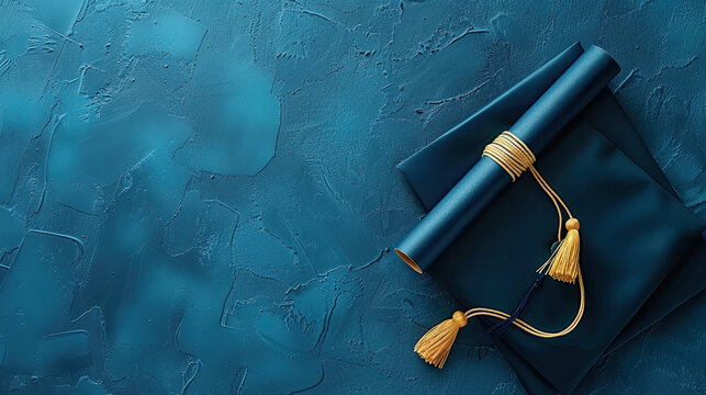 graduation cap or hat with degree on blue background , convocation day , celebration, card, greeting, banner, poster , space for text 