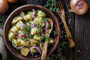 Overhead photo of potato salad with wooden utensils on dark wood lit naturally - obrazy, fototapety, plakaty