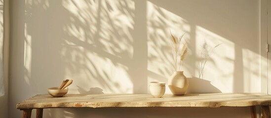 The table is set against a bright kitchen interior with a white wall casting shadows in the warm morning sunlight. There is room for your creative content.