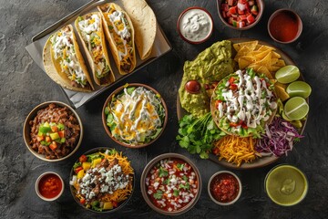 Overhead view of Mexican food spread on dark stone table Includes tacos burritos nachos enchiladas tortilla soup and salad