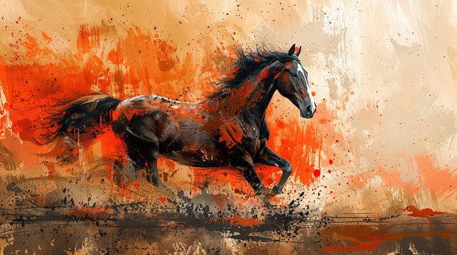 textured painting of horse , running fast effect with paint brush red rough strokes on sunset art background, with space for text , card, banners, portraits 