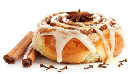 Photo of a delicious cinnamon roll with icing and cinnamon sticks shot with shallow depth on white background