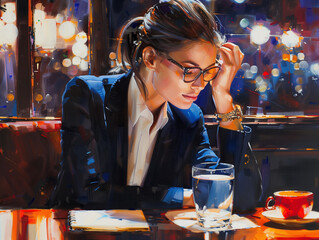Femme d'affaire élégante travaille tard sur un dossier : avocate, businesswoman, consultante ou entrepreneure la nuit dans un café
