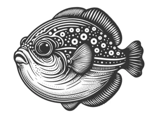 Fotobehang Fugu fish sketch engraving generative ai vector illustration. Scratch board imitation. Black and white image. © Oleksandr Pokusai