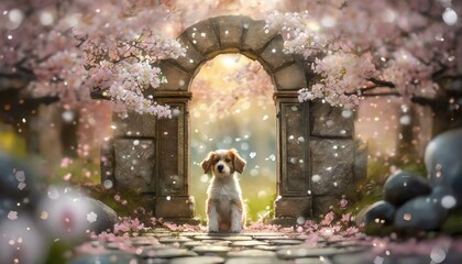石の建物の門と桜と犬 - obrazy, fototapety, plakaty