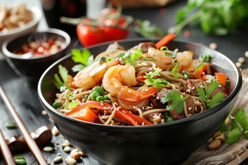 Prepare stir fried noodles with shrimp and vegetables in black bowl Japanese soba salad and udon noodles with beef Asian and Indo Chinese cuisine - obrazy, fototapety, plakaty