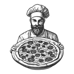 bearded chef with pizza, symbolizing culinary skill and Italian cuisine sketch engraving generative ai fictional character vector illustration. Scratch board imitation. Black and white image. - obrazy, fototapety, plakaty