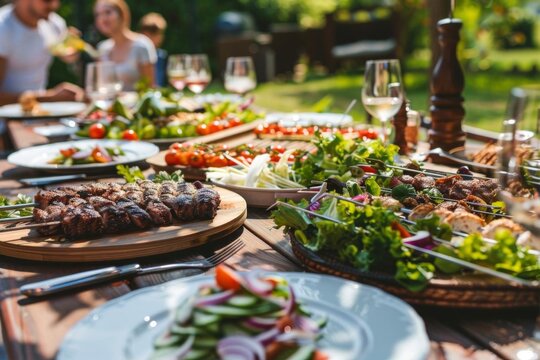 appetizing grilled meat and fresh salads on outdoor dinner table happy people enjoying backyard bbq party