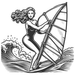 Pin-up girl vintage woman windsurfing, her hair flowing with wind sketch engraving generative ai fictional character vector illustration. Scratch board imitation. Black and white image.
