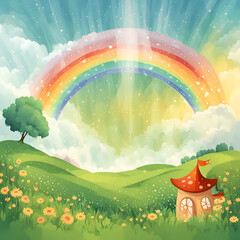 Field illustrations with rainbow floating, children's book illustrations, children's book covers
