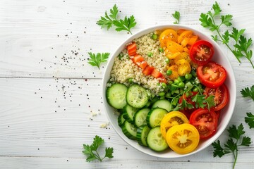 Quinoa salad with colorful vegetables on white background Healthy superfood