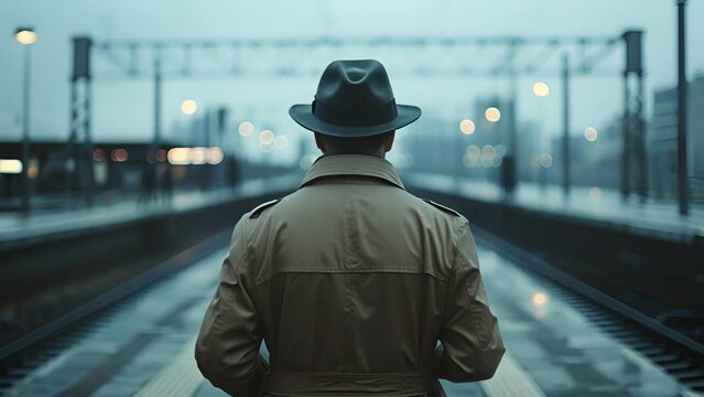 A man in a trench coat and fedora stands on the platform his back to the camera as he gazes off into the distance lost in thought. . .