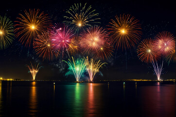 A fireworks display is lit up in the night sky over the water. Ai generated image.