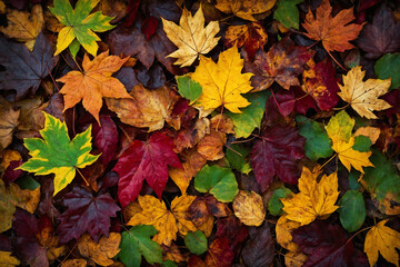 Naklejka na ściany i meble A close up of a pile of leaves with a variety of colors including red, yellow and green. Ai generated image.