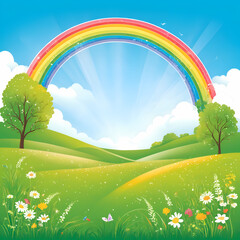 Field illustrations with rainbow floating, children's book illustrations, children's book covers